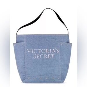 Victoria's Secret Logo Blue Light Denim Stud Shoulder Tote Bag